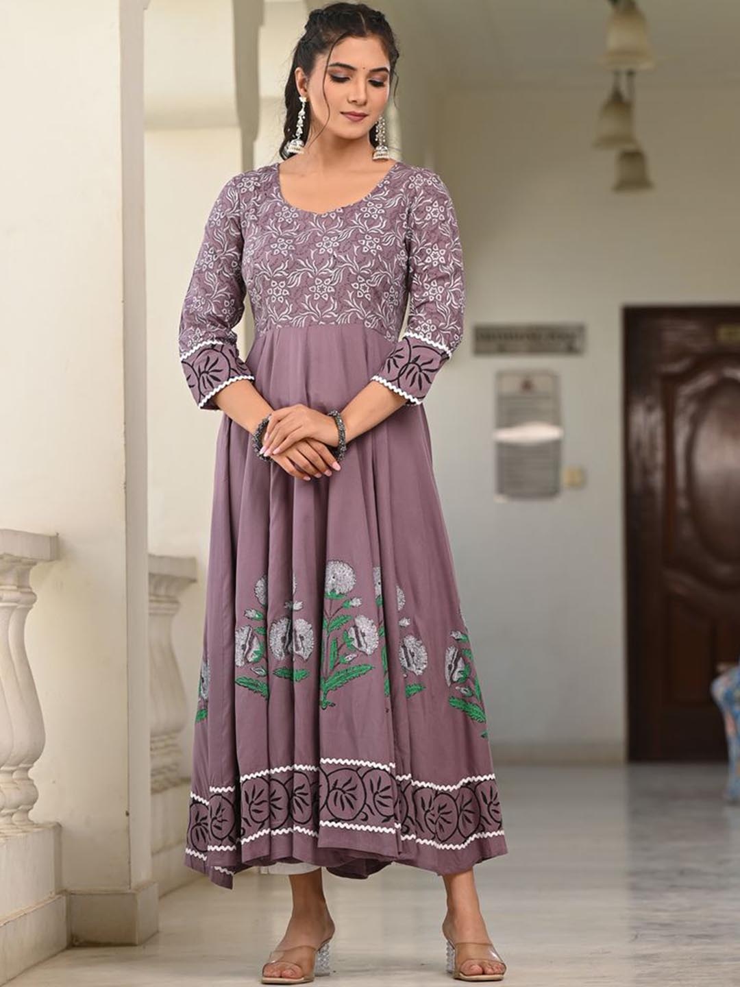 

Indi INSIDE Floral Block Printed Anarkali Kurta, Grey