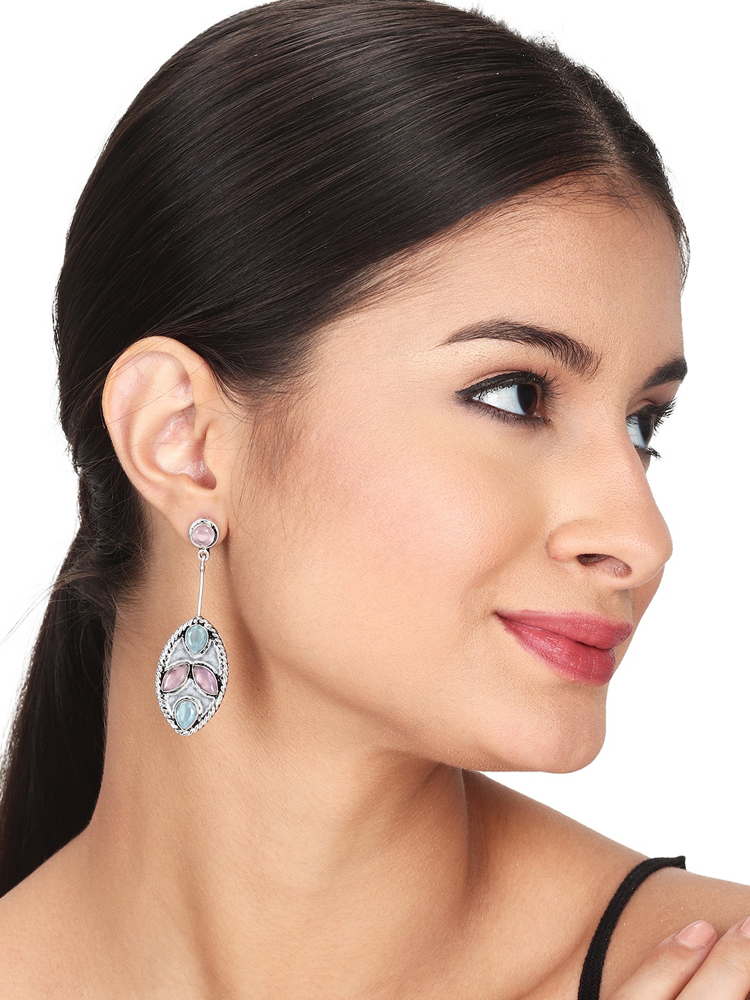 

Anvik Silver-Plated Stone Studded Leaf Shaped Drop Earrings