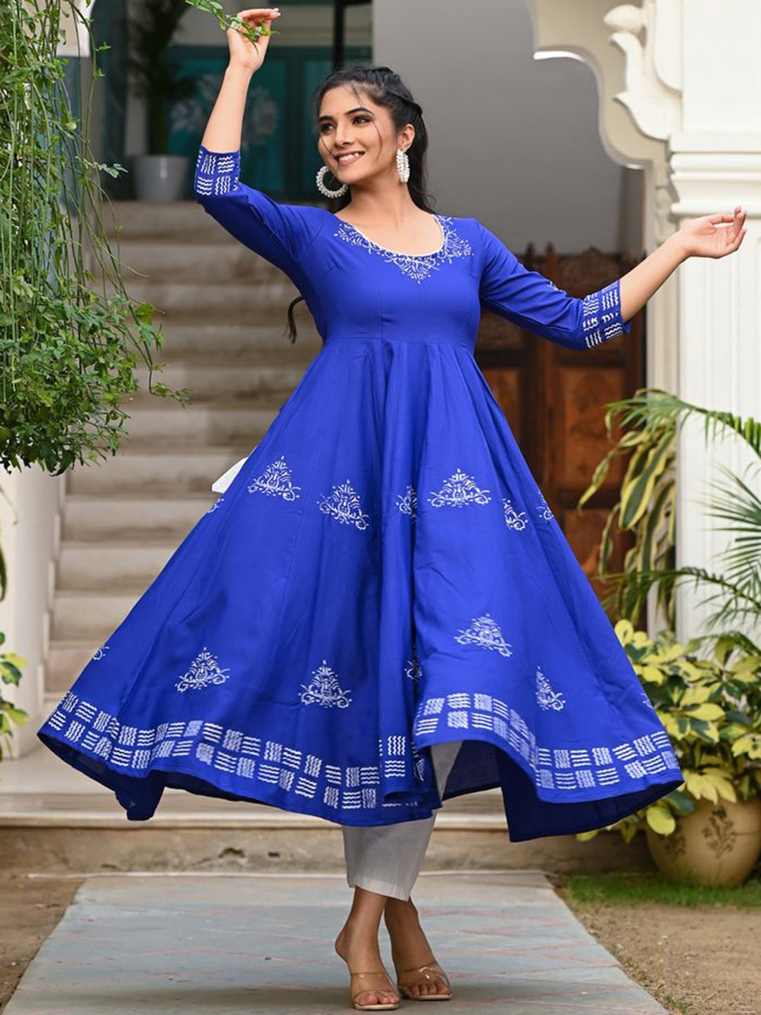 

Indi INSIDE Ethnic Motifs Block Printed Anarkali Kurta, Blue