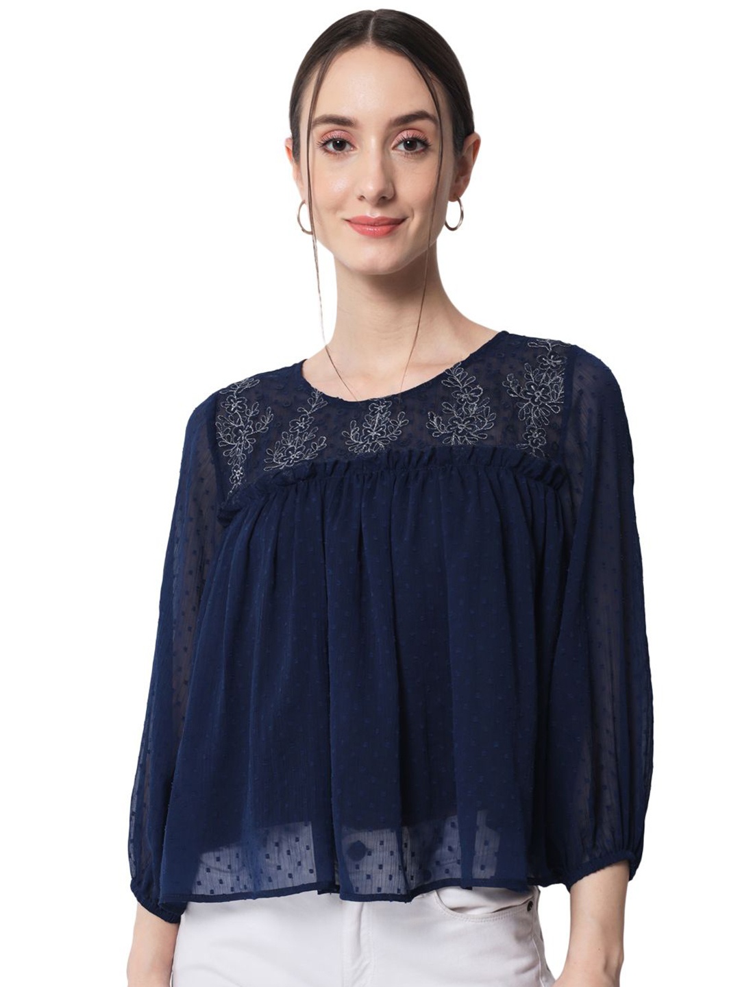 

ARDITA Women Chiffon Puff Sleeves Self Design Embroidered Boxy Top, Blue