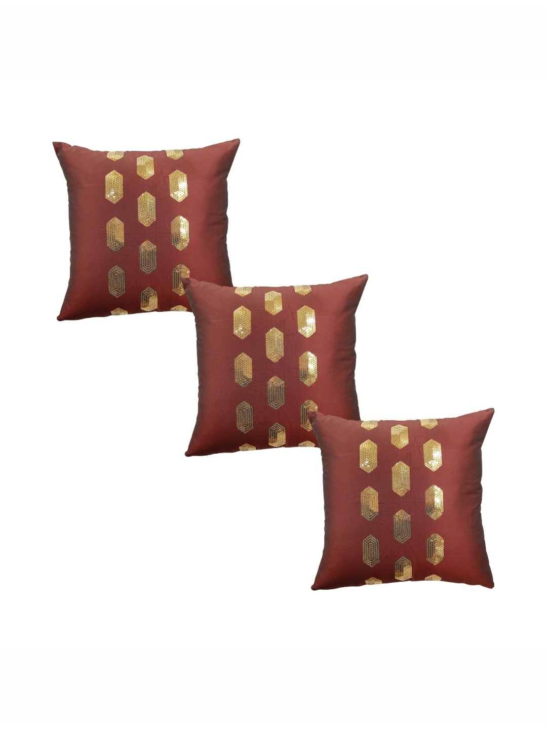 

HOME9INE Burgundy & Gold-Toned 3 Pieces Geometric Embellished Square Cushion Covers