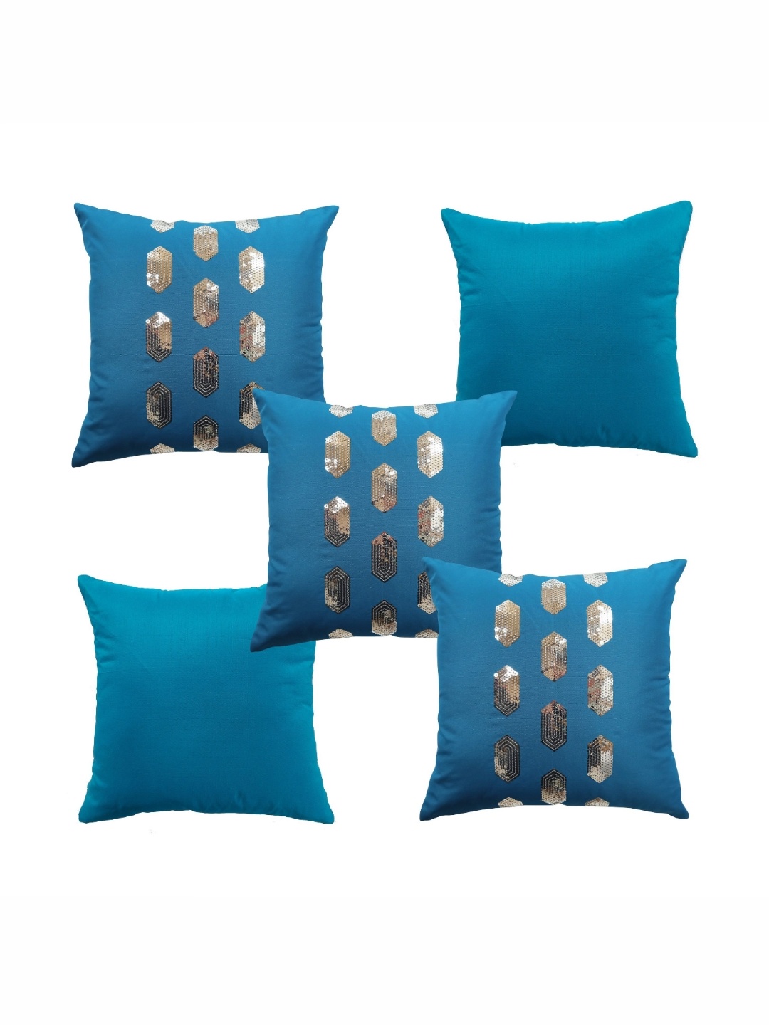 

HOME9INE Turquoise Blue & Silver-Toned 5 Pcs Geometric Embellished Square Cushion Covers