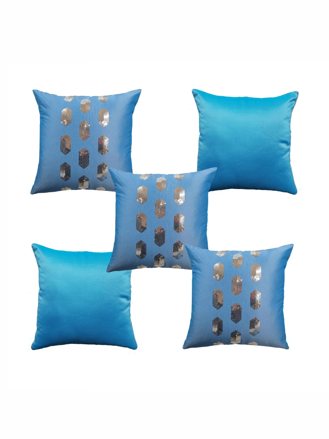 

HOME9INE Blue & Silver-Toned 5 Pieces Geometric Embellished Square Cushion Covers