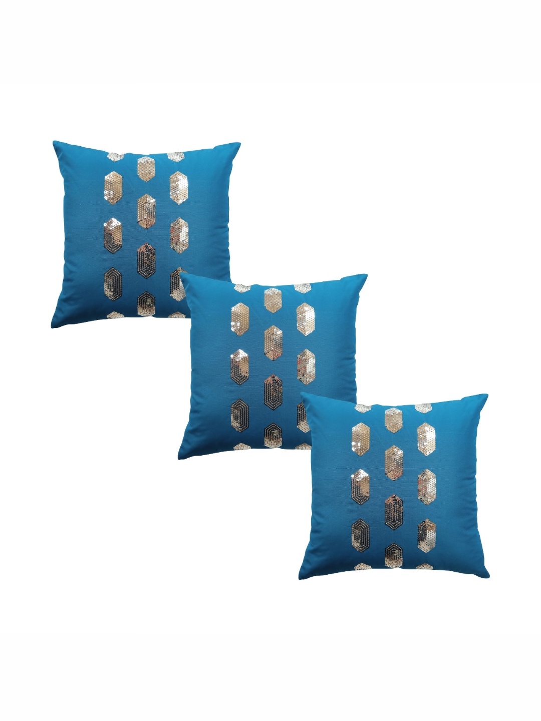 

HOME9INE Turquoise Blue & Silver Toned 3 Pcs Geometric Embellished Square Cushion Covers