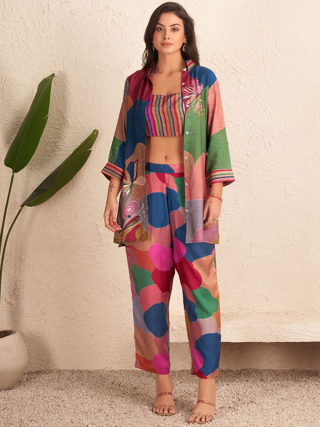 

Kaftanize Floral Printed Shirt with Top & Trousers, Pink