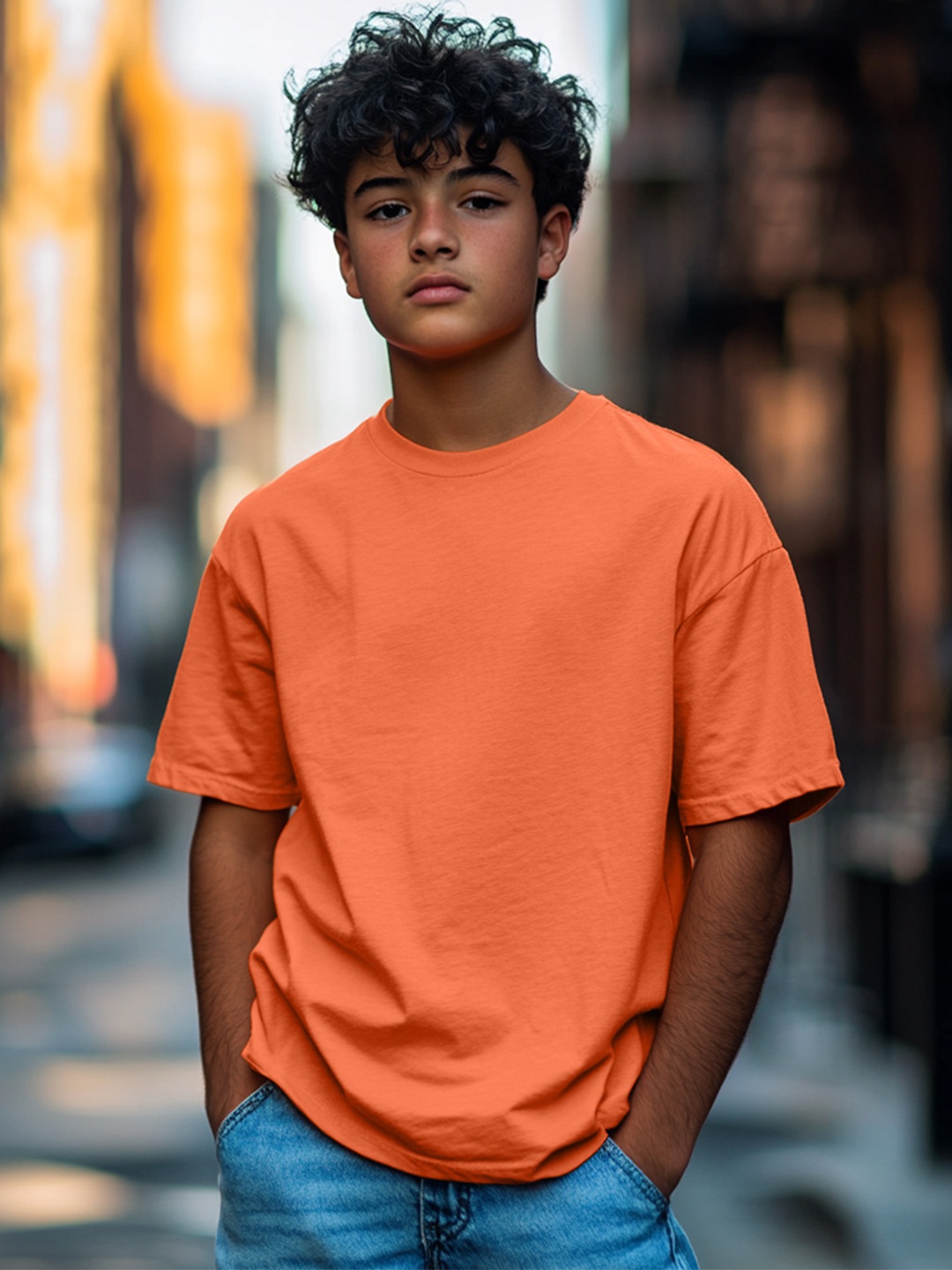 

VEIRDO Boys Solid Extended Sleeves Pure Cotton Oversize T-shirt, Orange