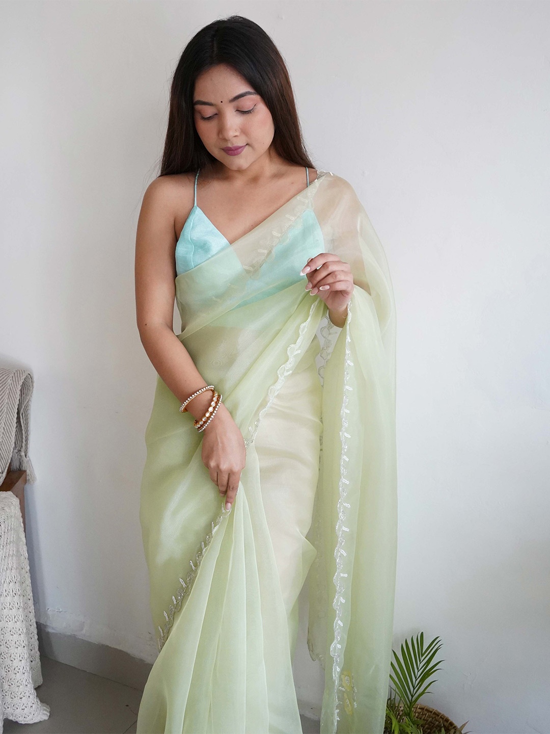 

VAMSEE Embroidered Organza Saree, Lime green