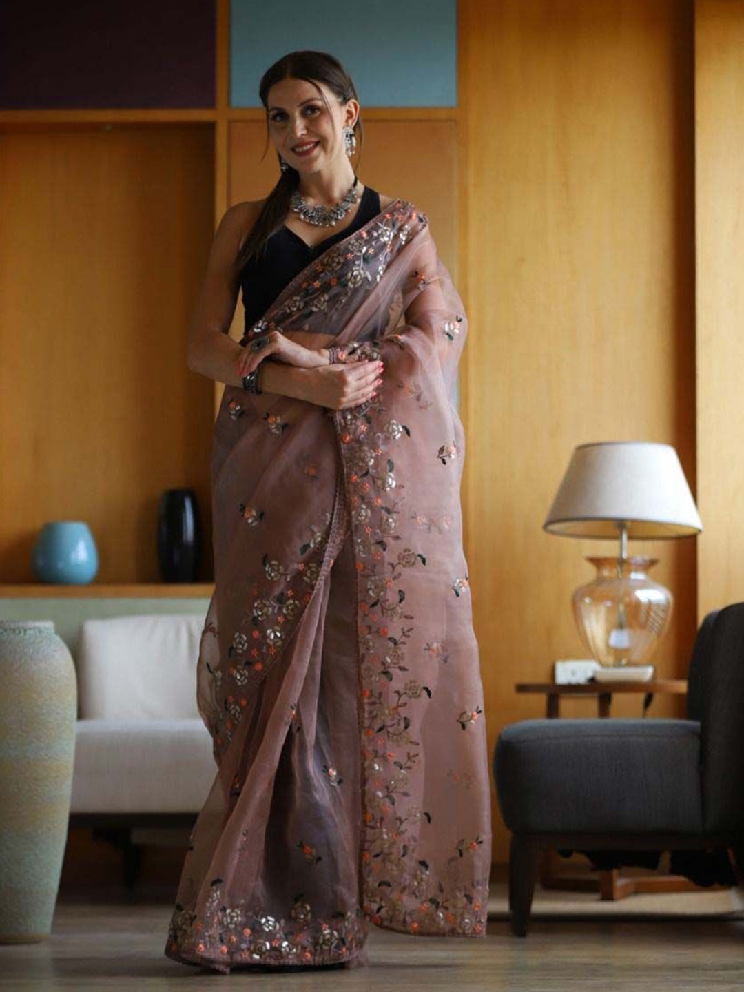 

VAMSEE Ethnic Motifs Embroidered Organza Saree, Brown