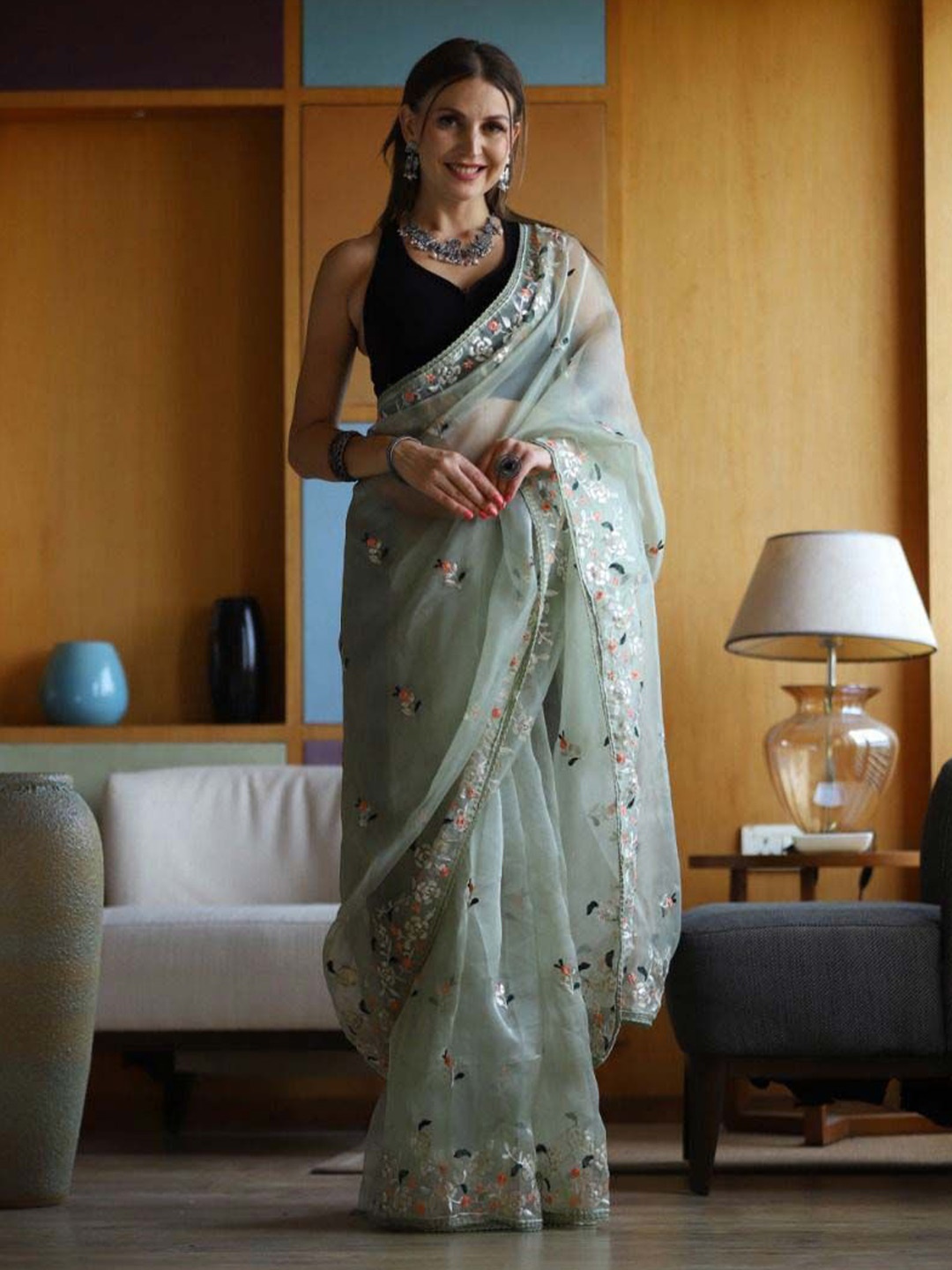 

VAMSEE Embellished Embroidered Organza Saree, Sea green