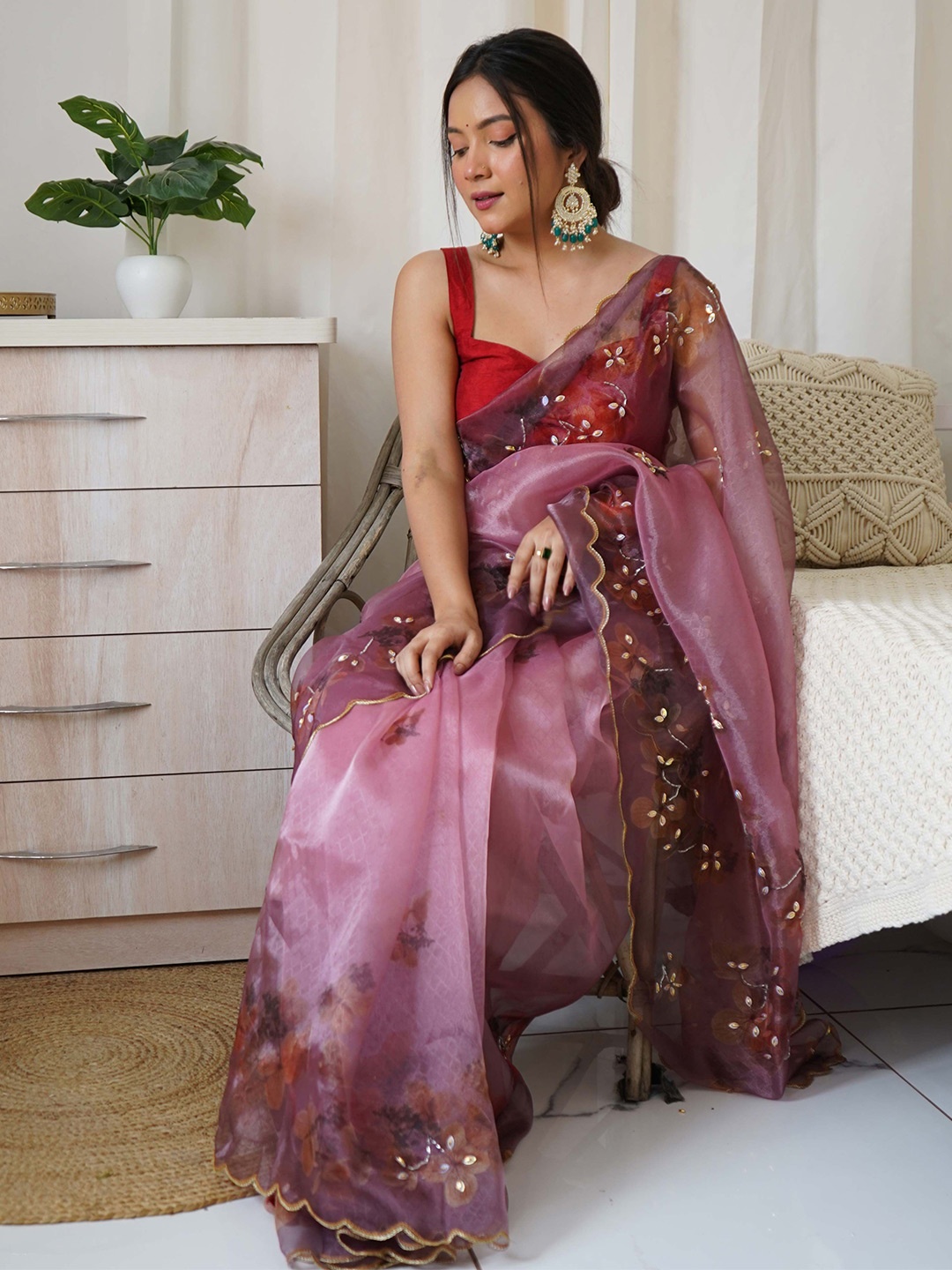 

VAMSEE Floral Embroidered Organza Saree, Rust