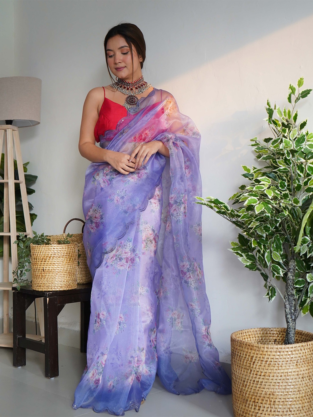 

VAMSEE Floral Organza Saree, Lavender