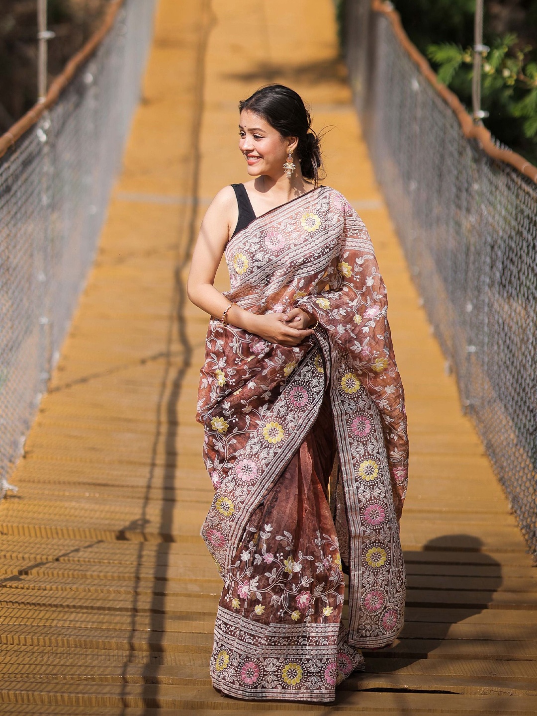 

VAMSEE Embellished Embroidered Organza Saree, Rust