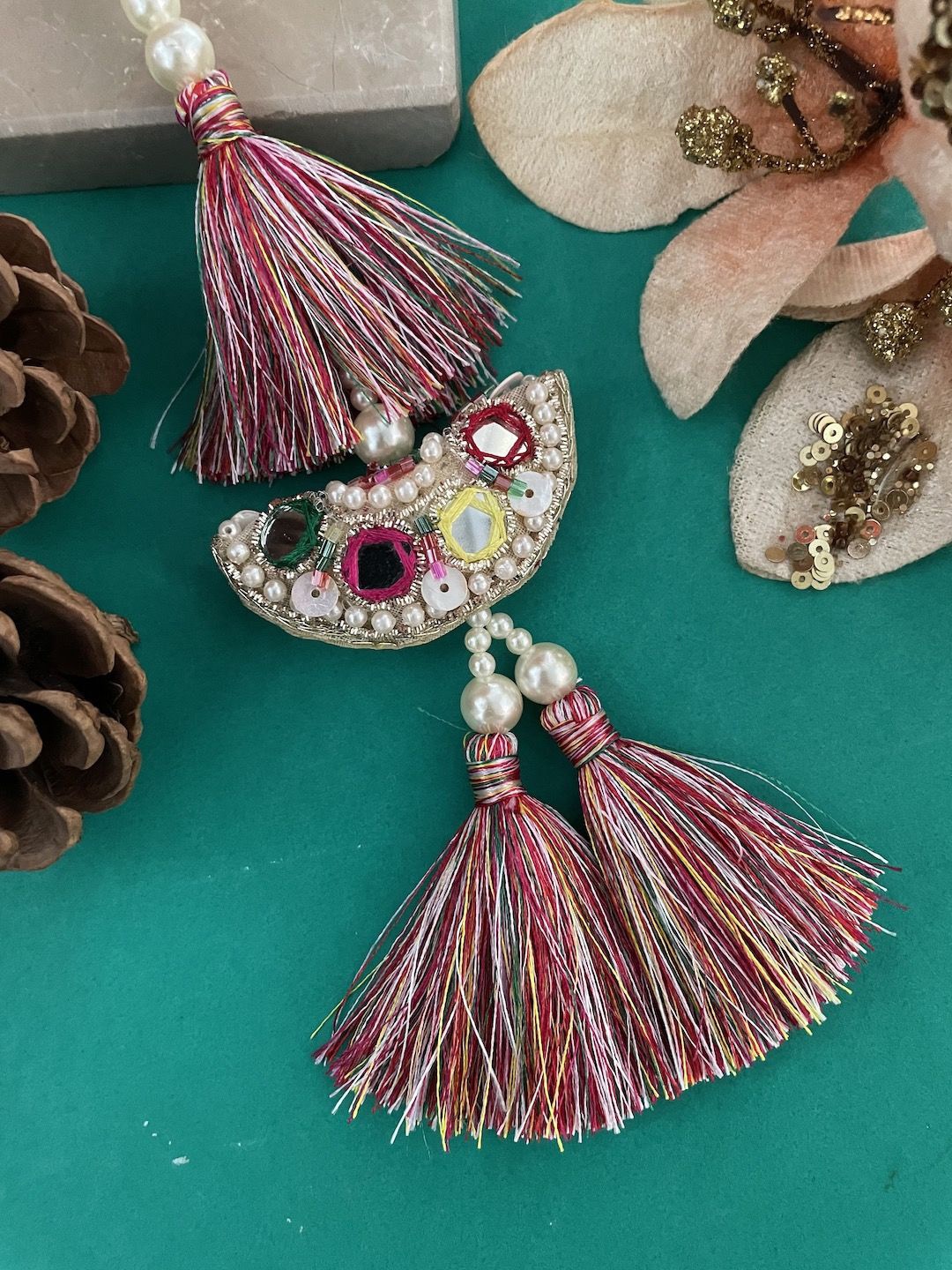 

Digital Dress Room Set Of 2 Beaded & Tortoise Lumba Thread Rakhi, Red