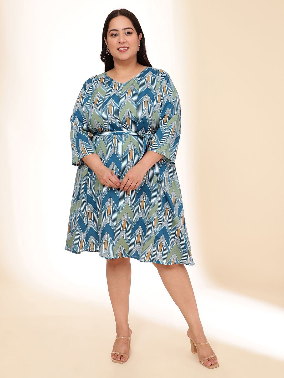 

URG Printed V-Neck Fit & Flare Dress, Blue