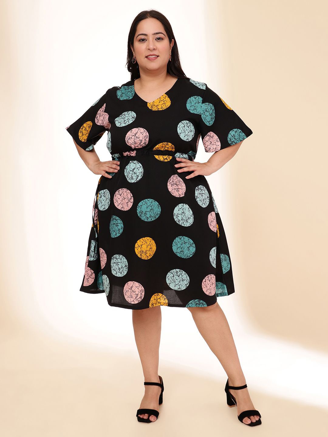 

URG Women Plus Size Polka Dot Print Flared Sleeve Fit and Flare Dress, Black