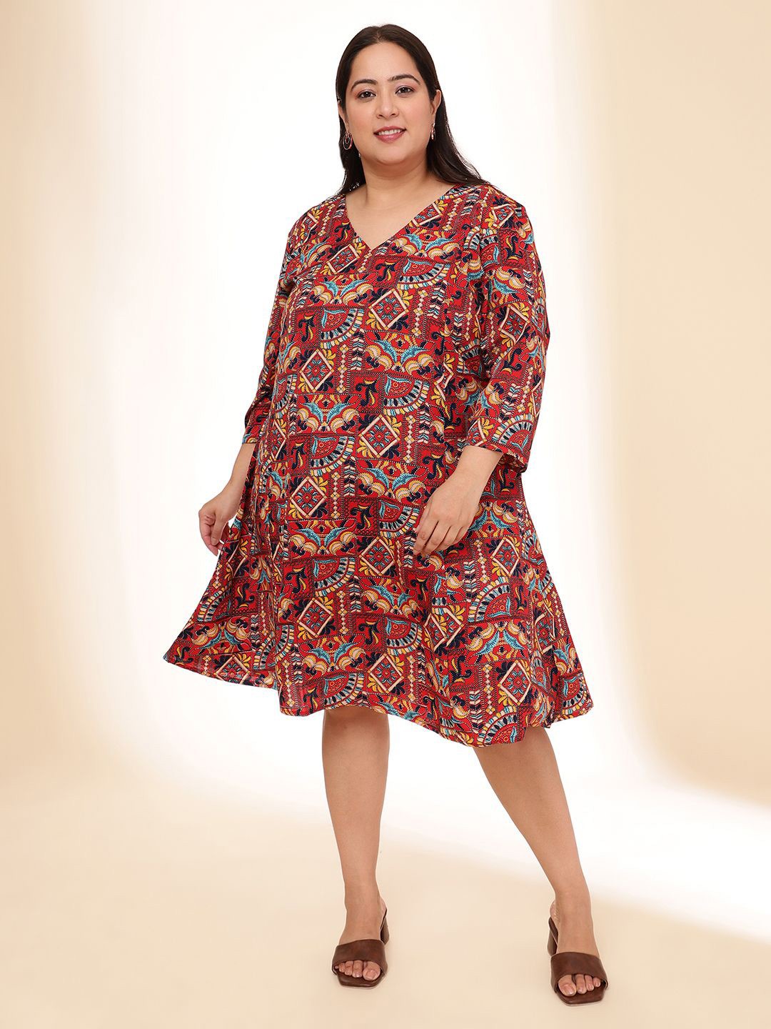 

URG Ethnic Motifs Print A-Line Plus Size Dress, Brown
