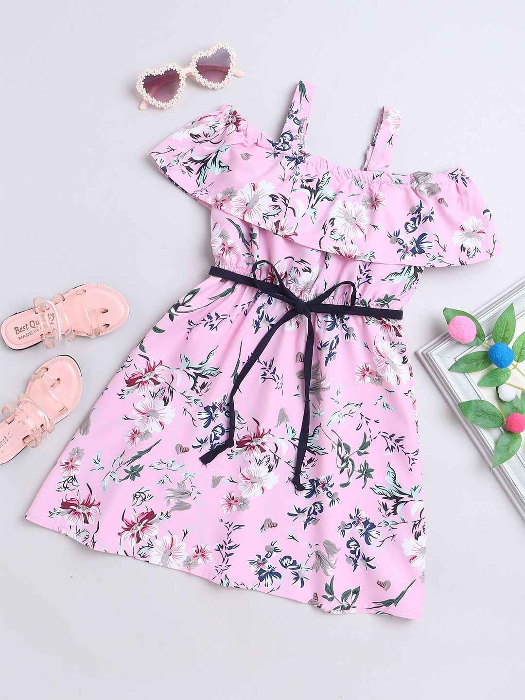 

BAESD Girls Floral Printed Cotton Cold-Shoulder Fit & Flare Dress, Pink