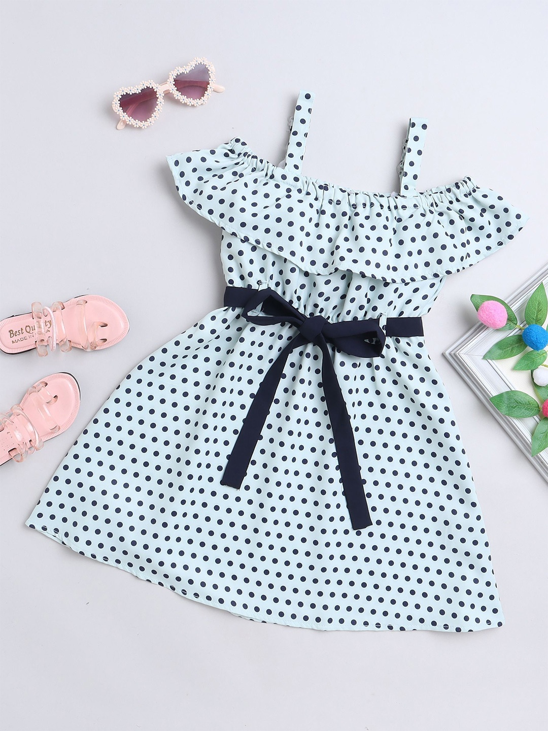 

BAESD Girls Polka Dot Printed Belted Cotton Fit & Flare Dress, White