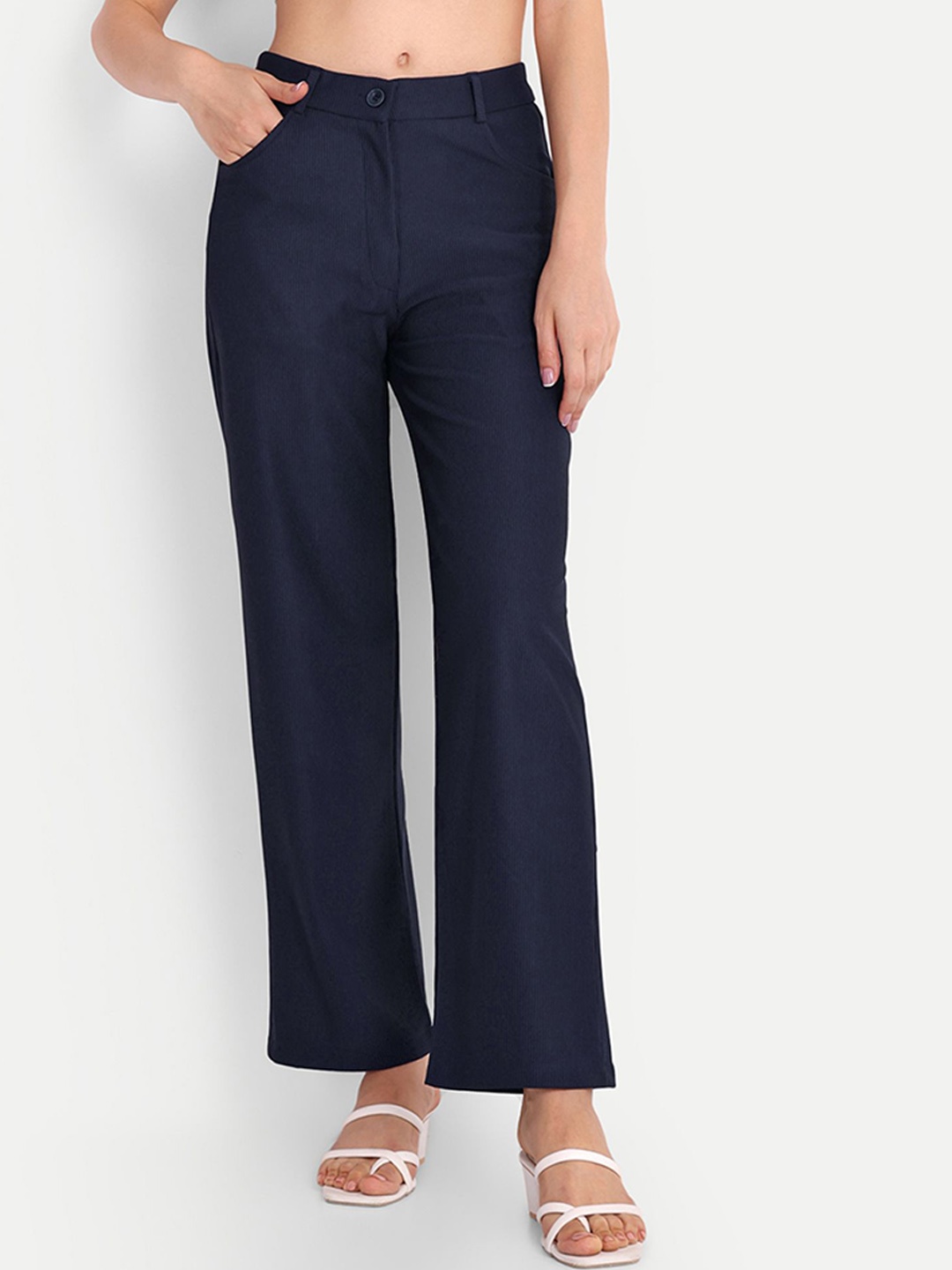 

FNOCKS Women Straight Fit High-Rise Easy Wash Trousers, Navy blue