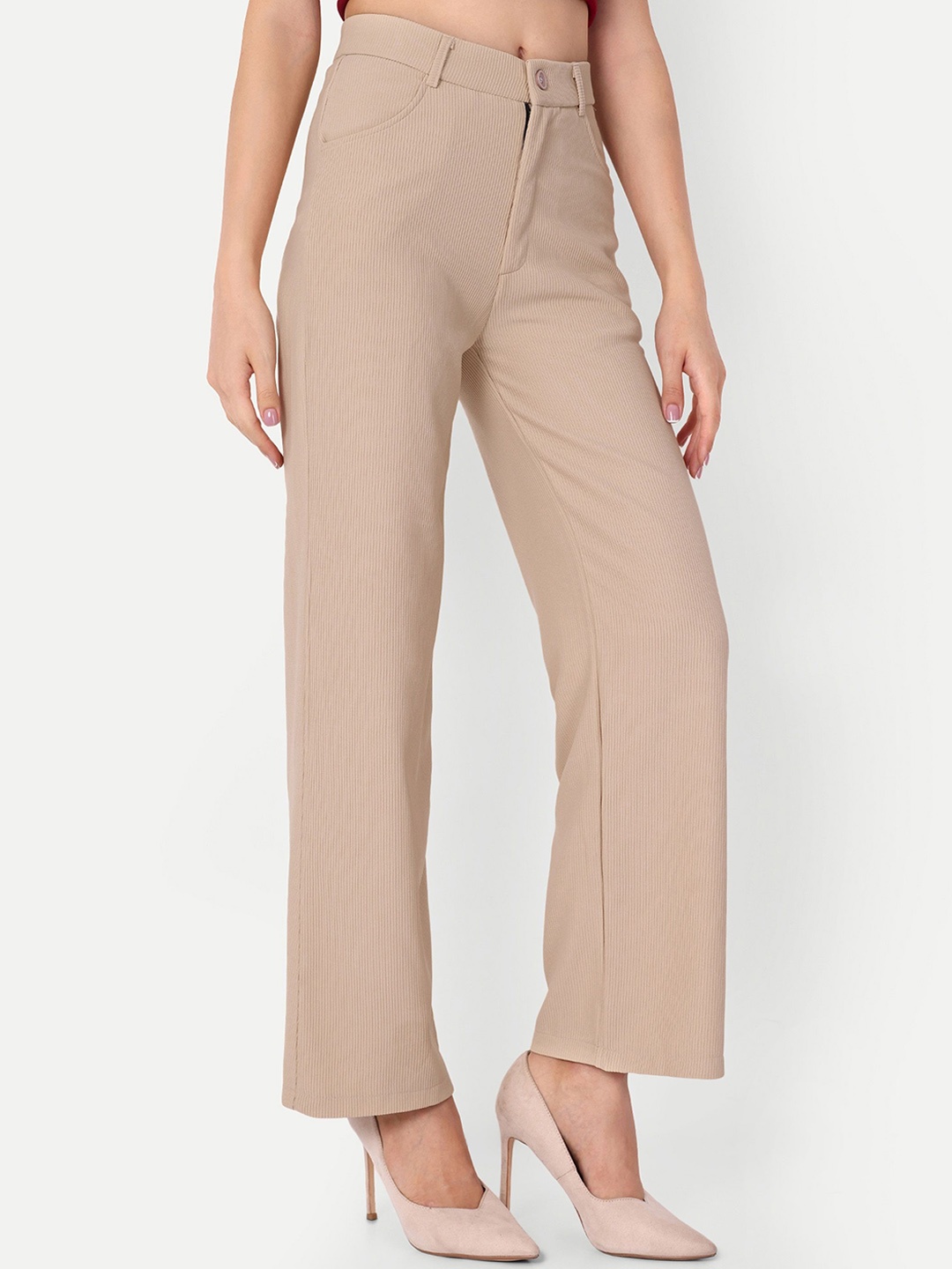 

FNOCKS Women Relaxed Straight Fit High-Rise Easy Wash Corduroy Trousers, Beige