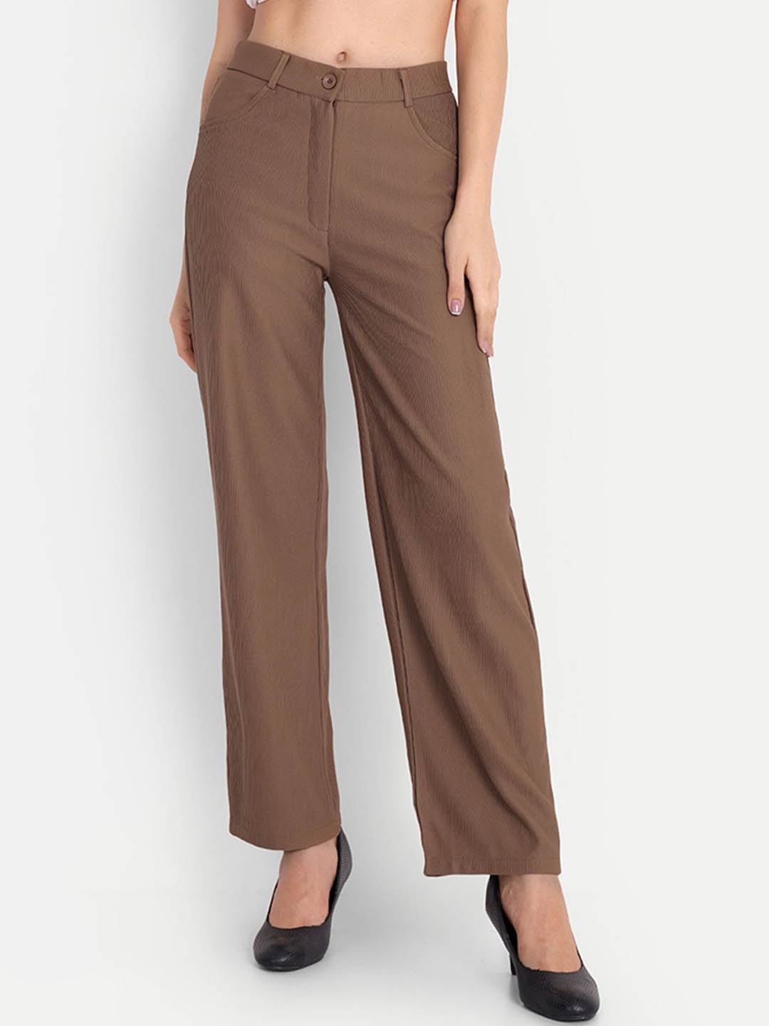 

FNOCKS Women Relaxed Straight Fit High-Rise Easy Wash Corduroy Trousers, Brown