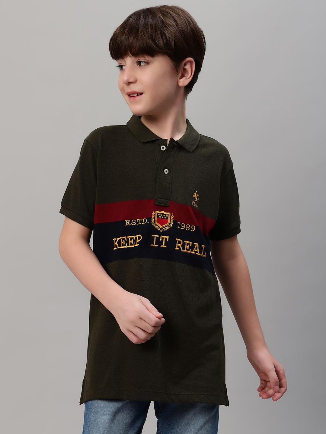 

Cantabil Boys Typography Printed Polo Collar T-shirt, Olive