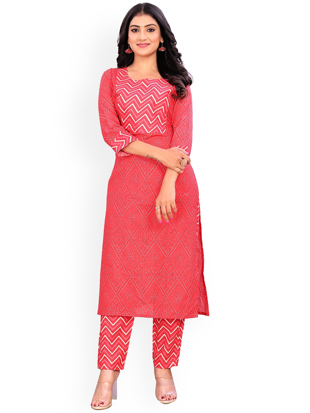 

VIRICA Floral Printed Round Neck Linen Straight Kurta with Trousers, Red