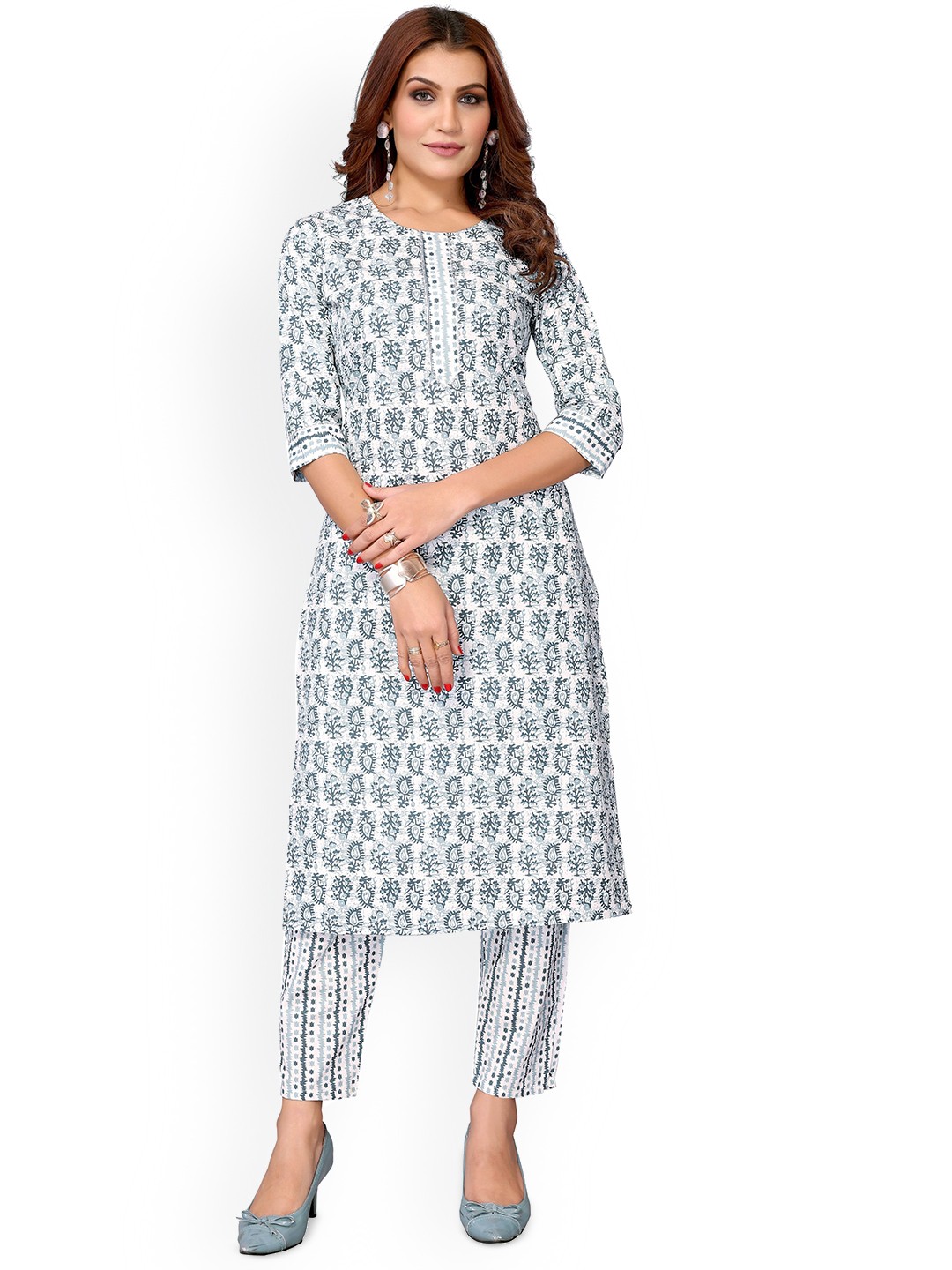 

VIRICA Floral Printed Round Neck Linen Cotton Straight Kurta With Trousers, White