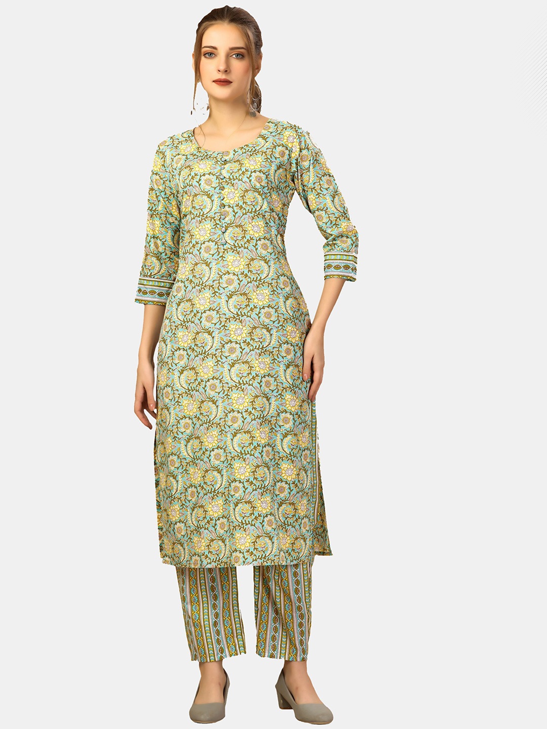 

VIRICA Floral Printed Round Neck Linen Straight Kurta with Trousers, Green