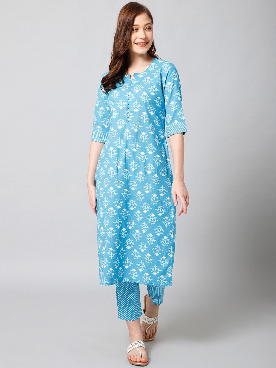 

VIRICA Floral Printed Notch Neck Linen Cotton Straight Kurta With Trousers, Blue