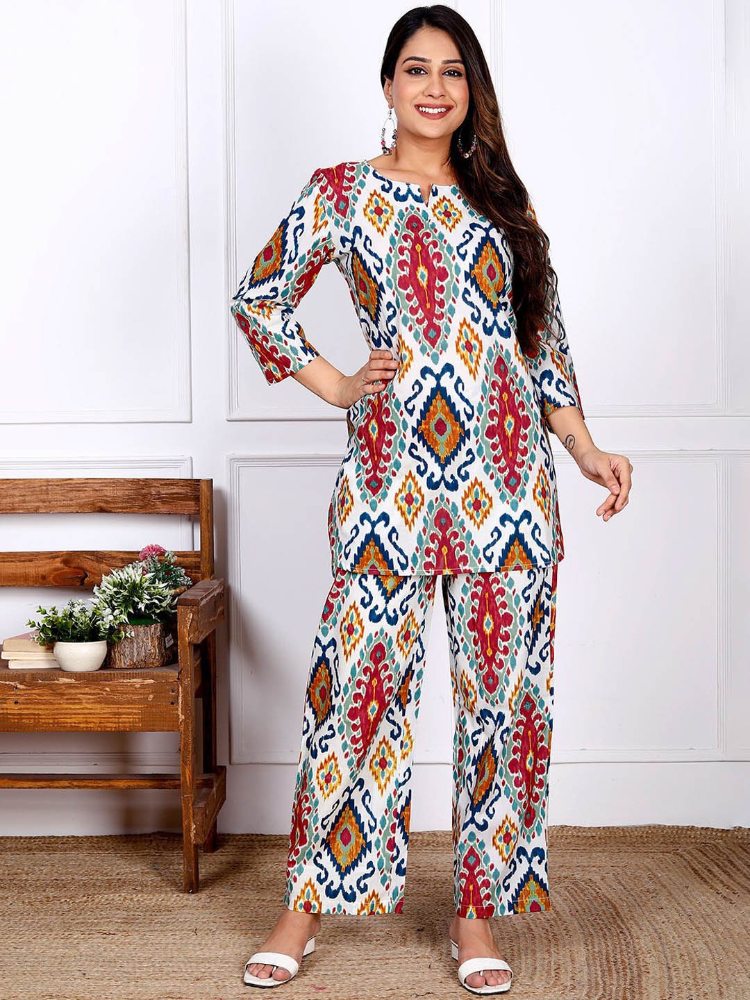 

Kaftanize Ethnic Motifs Printed Pure Cotton Straight Kurta With Palazzos, White