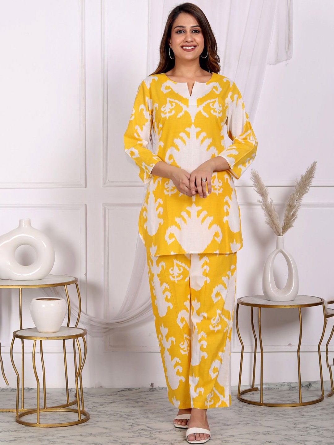 

Kaftanize Printed Pure Cotton Tunic & Trousers, Yellow