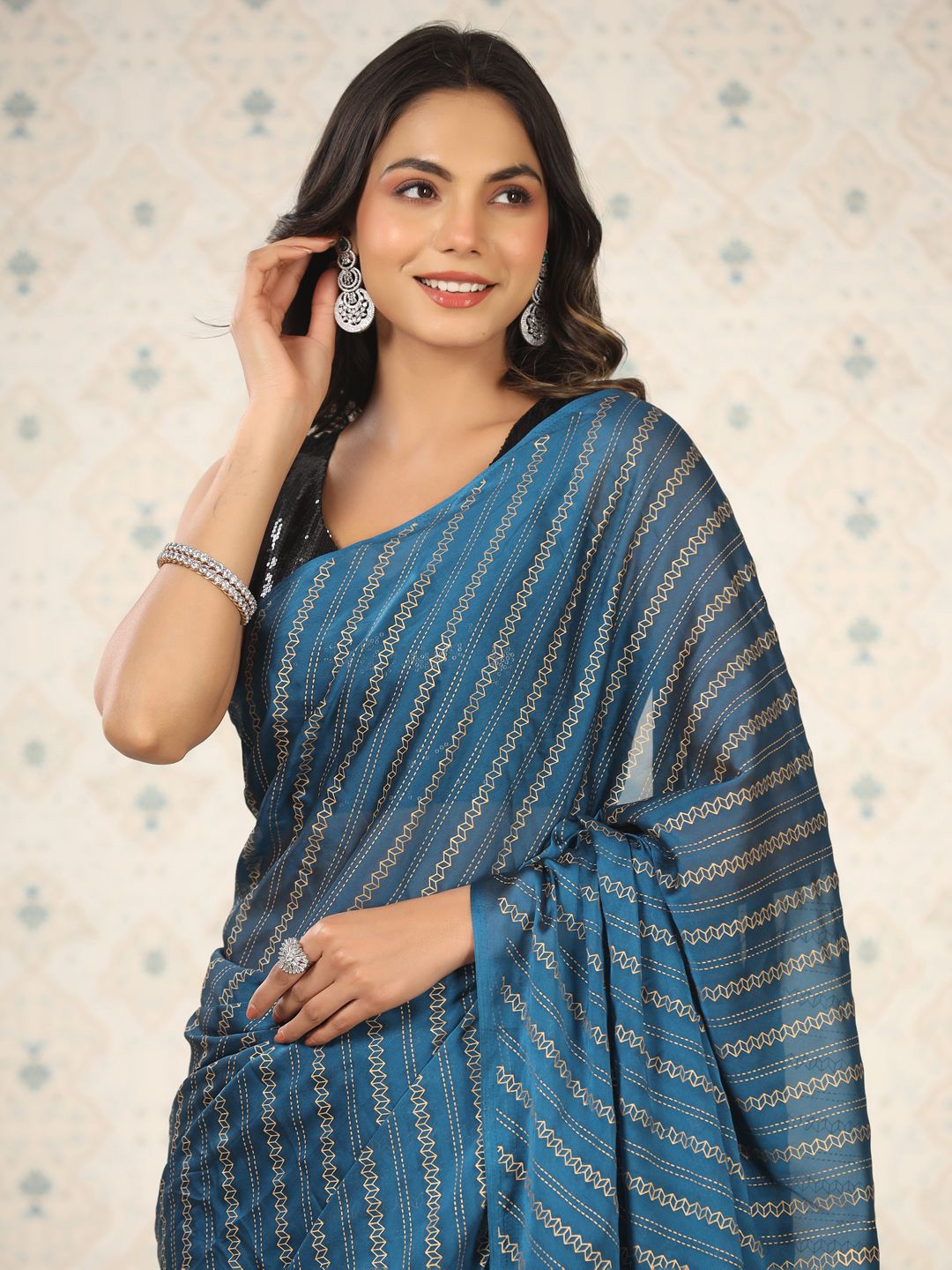 

Ode by House of Pataudi Striped Half & Half Ready to Wear Saree, Teal