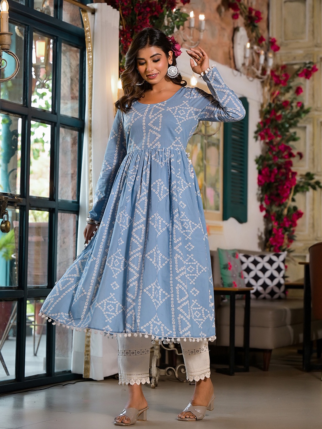 

AKS Bandhani Printed Cotton Anarkali Kurta, Blue