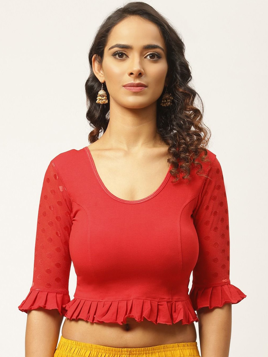 

VASTRANAND Women Round Neck Puff Sleeves Cotton Stretchable Saree Blouse, Red