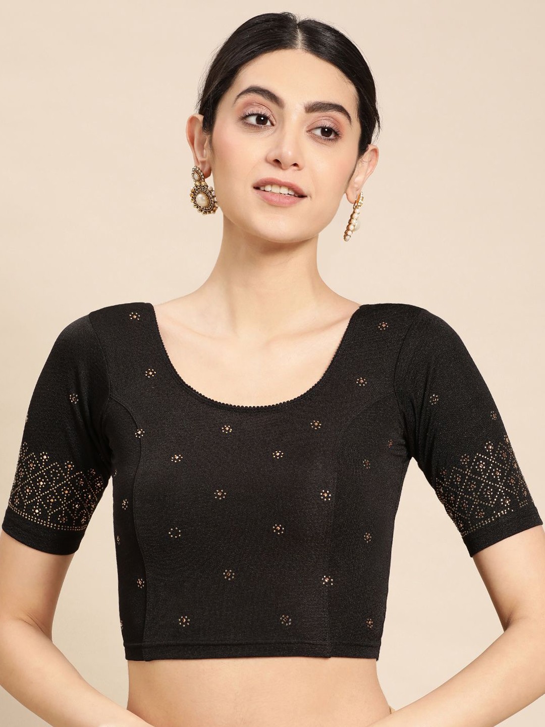 

VASTRANAND Swaroski Work Round Neck Saree Blouse, Black