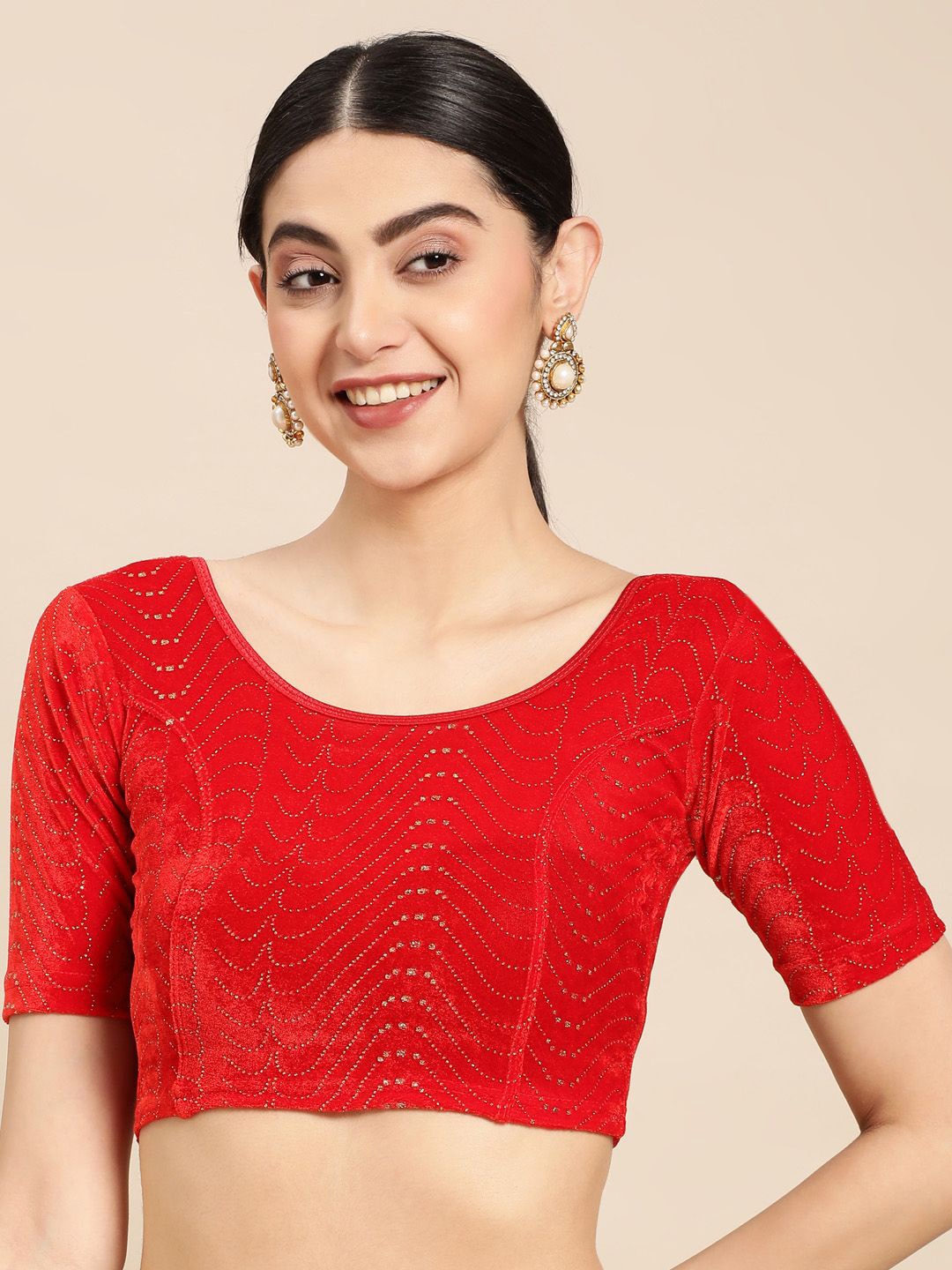 

VASTRANAND Velvet Stretchable Swaroski Work Saree Blouse, Red