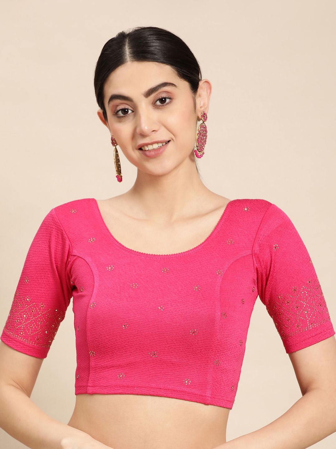 

VASTRANAND Women Round-Neck Short Sleeve Stretchable Saree Blouse, Pink