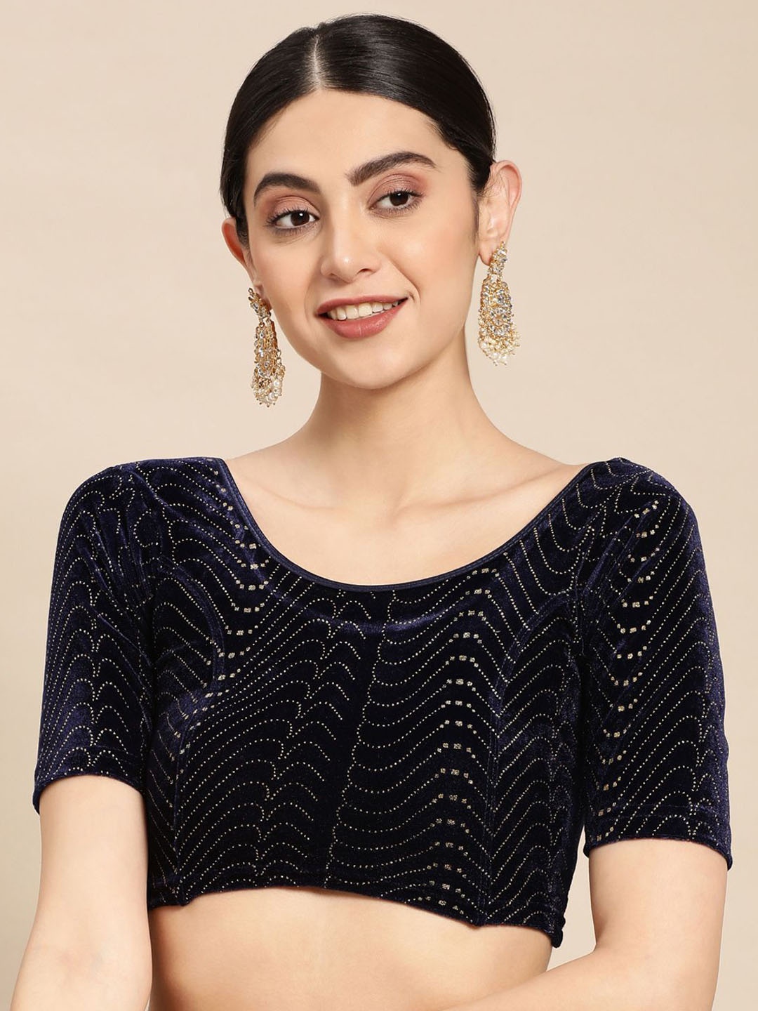 

VASTRANAND Velvet Swaroski Work Stretchable Saree Blouse, Navy blue