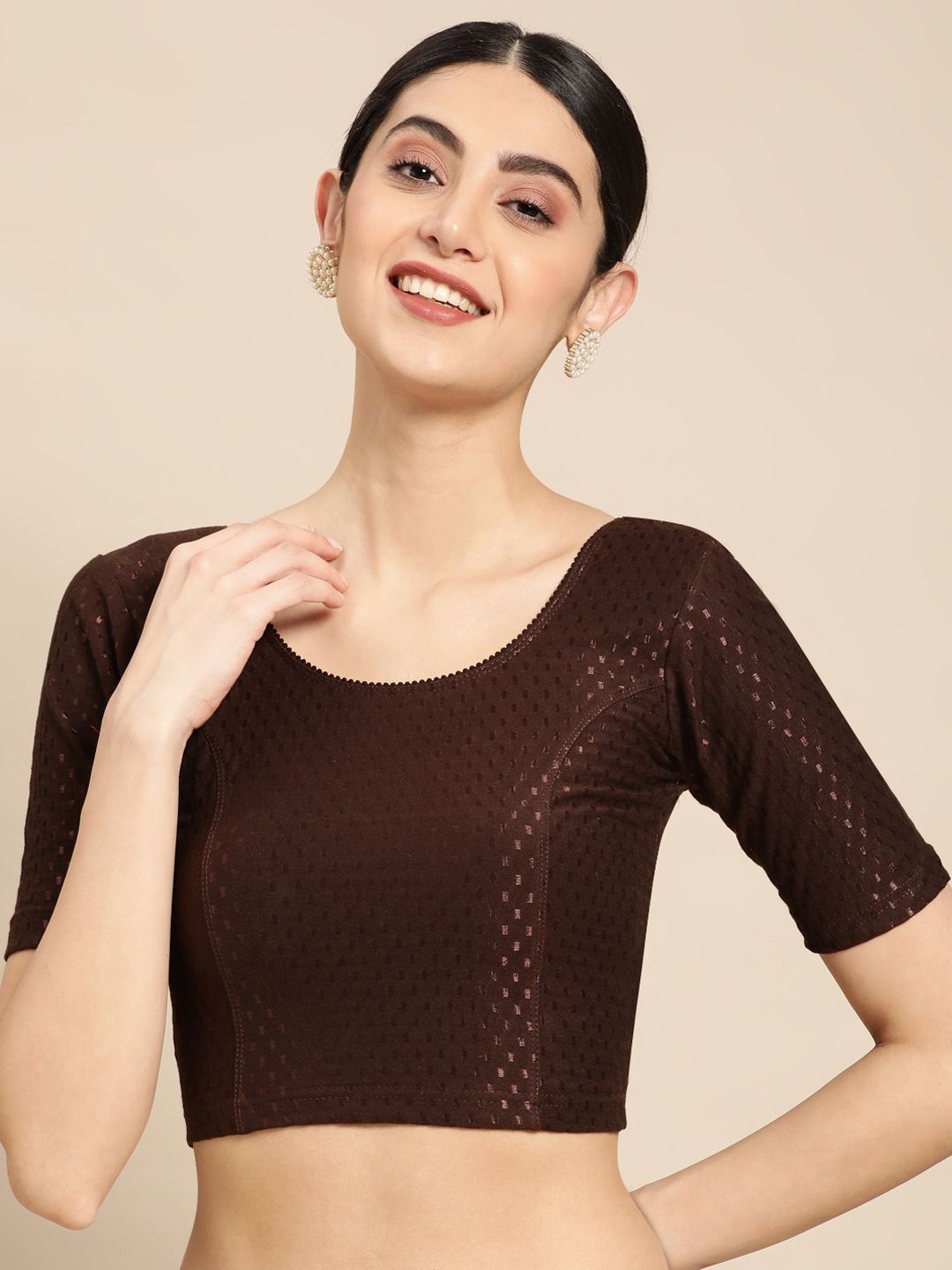 

VASTRANAND Women Round Neck Solid Stretchable Saree Blouse, Brown