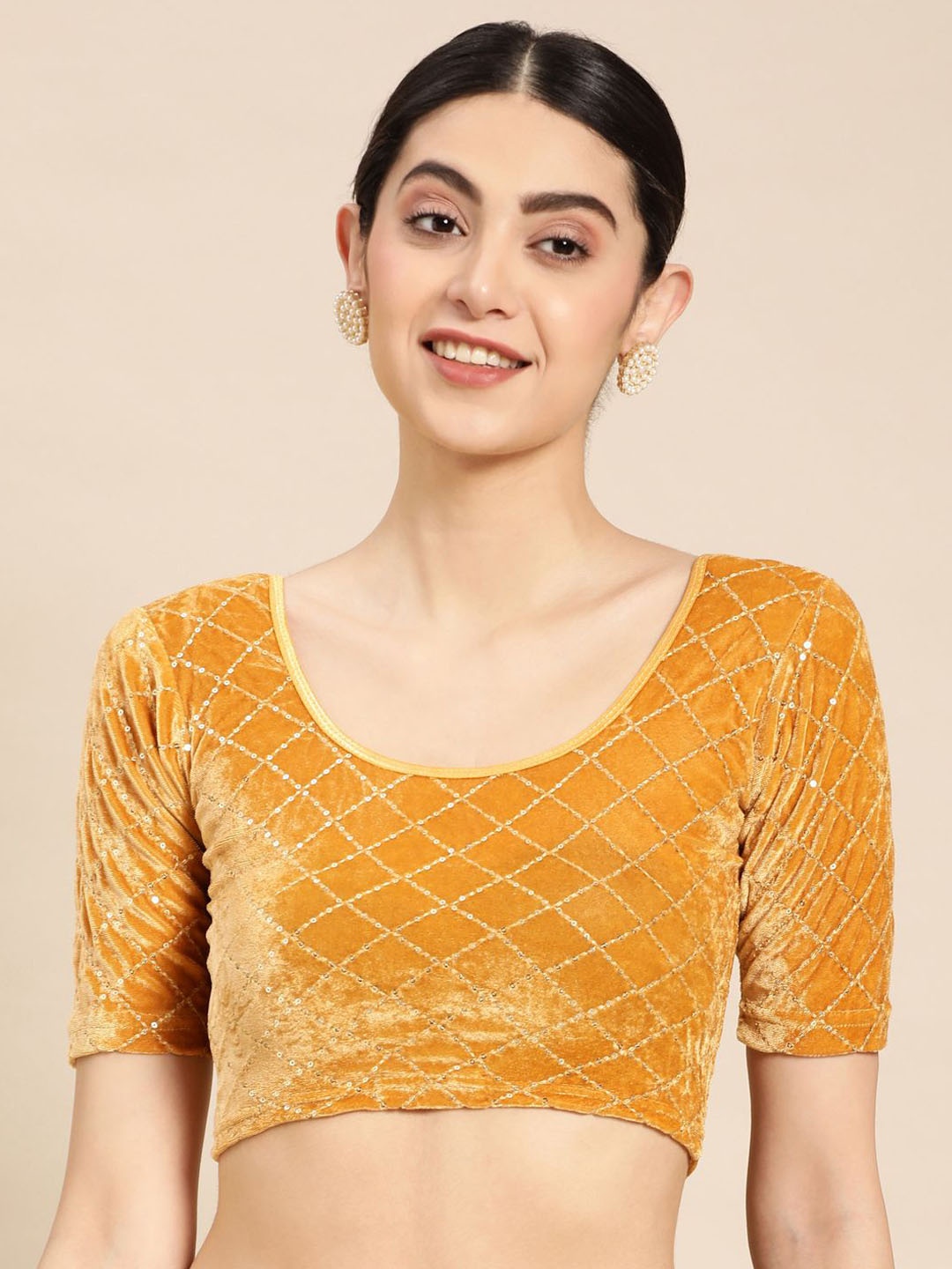 

VASTRANAND Round-Neck Embellished Saree Blouse, Gold