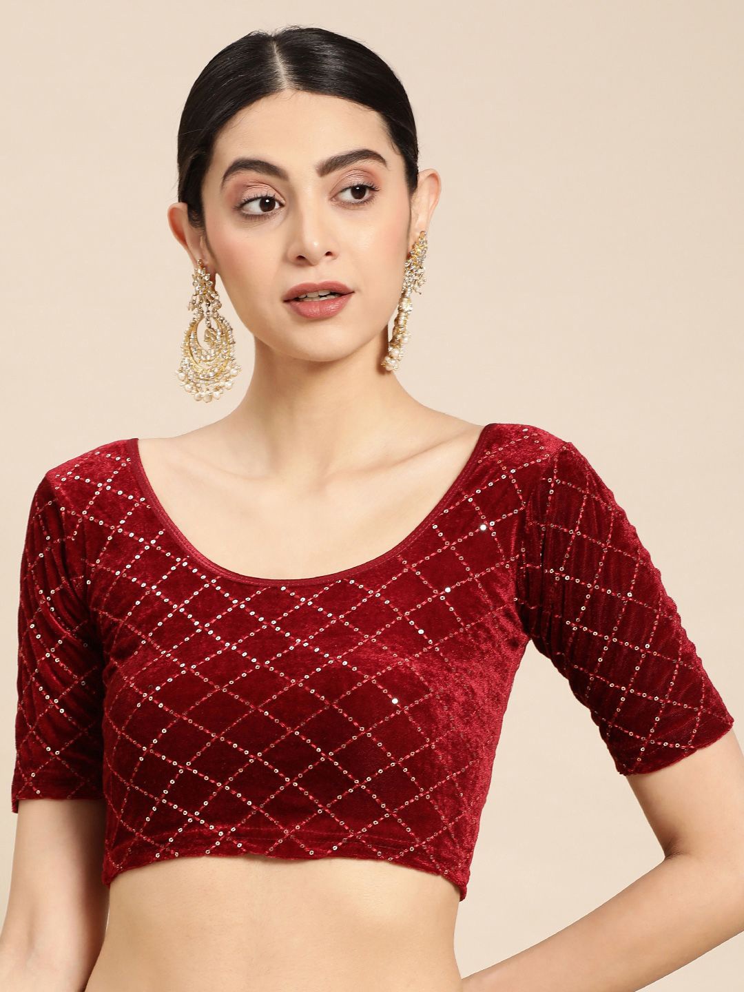 

VASTRANAND Embellished Sequence Velvet Stretchable Saree Blouse, Maroon