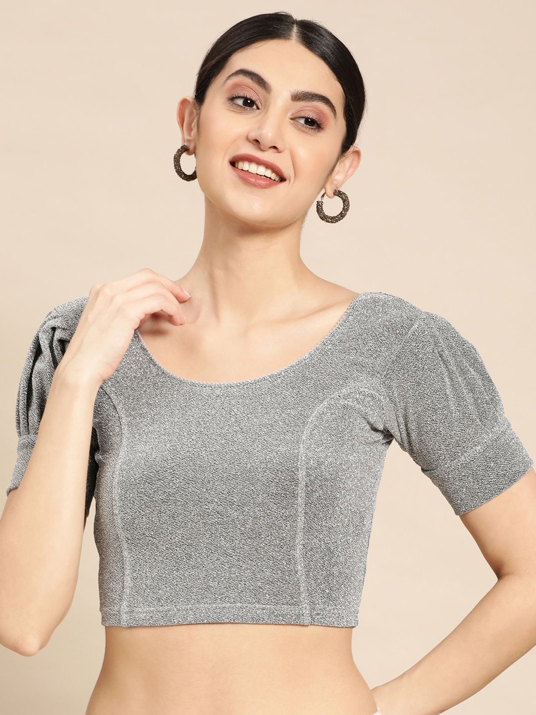 

VASTRANAND Round-Neck Short Sleeve Stretchable Saree Blouse, Grey