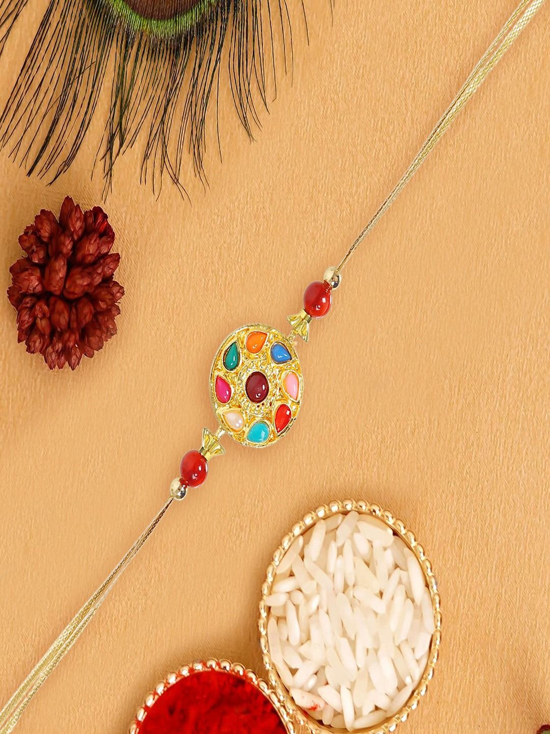 

UNIVERSITY TRENDZ Navgrah Stone Studded Thread Rakhi With Roli Chawal, Multi