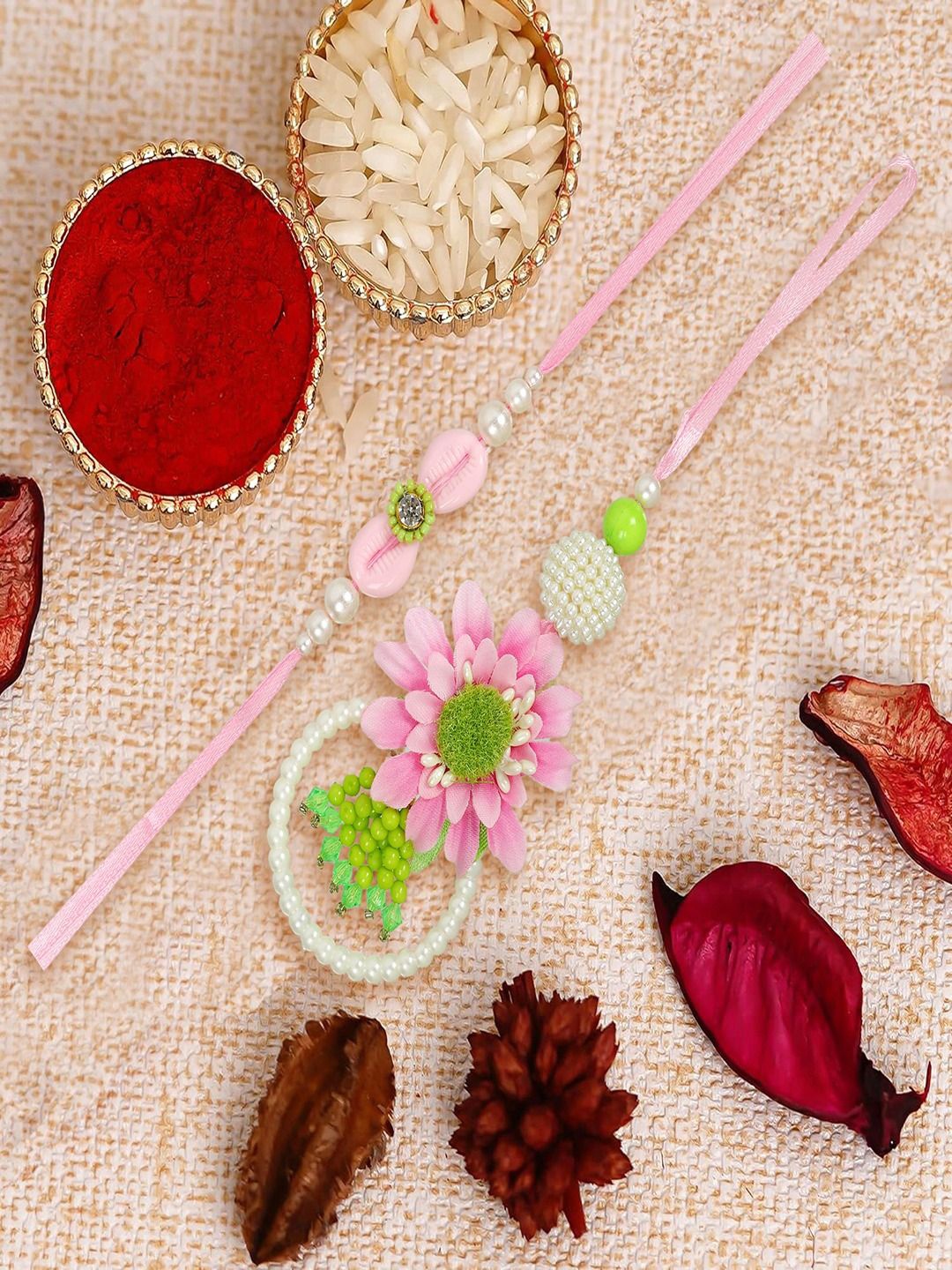 

UNIVERSITY TRENDZ Floral Beaded Bhaiya Bhabhi Rakhis With Roli Chawal, Pink