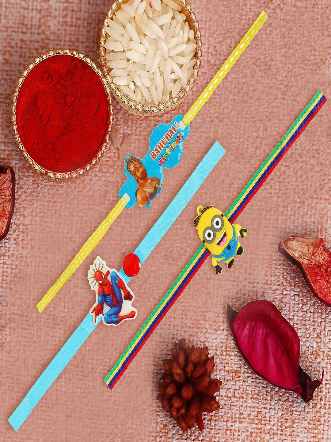 

UNIVERSITY TRENDZ Set Of 3 Kids Favorite Spider Minions Babhubali Cartoon Rakhi, Yellow
