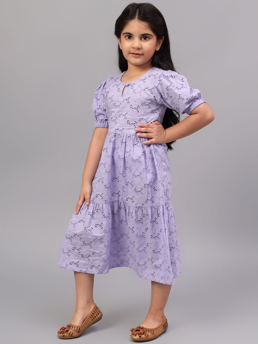 

BAESD Floral Print Puff Sleeve Schiffli Fit & Flare Midi Dress, Purple