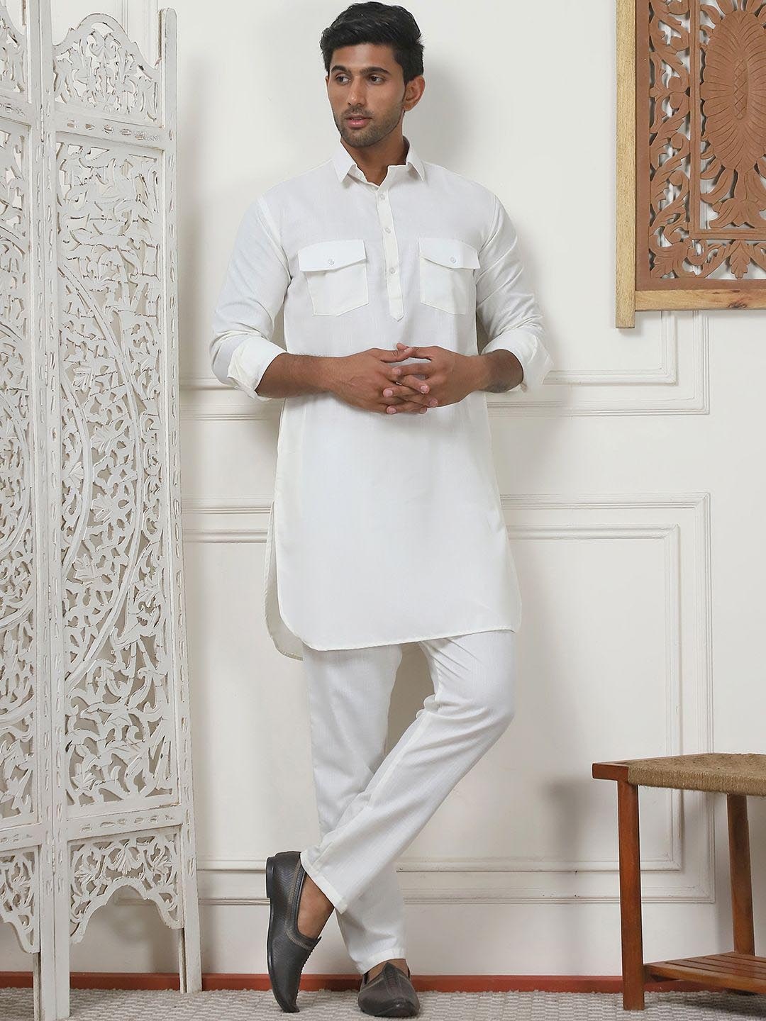 

Anouk Cream-Coloured Shirt Collar Pathani Kurta with Pyjamas