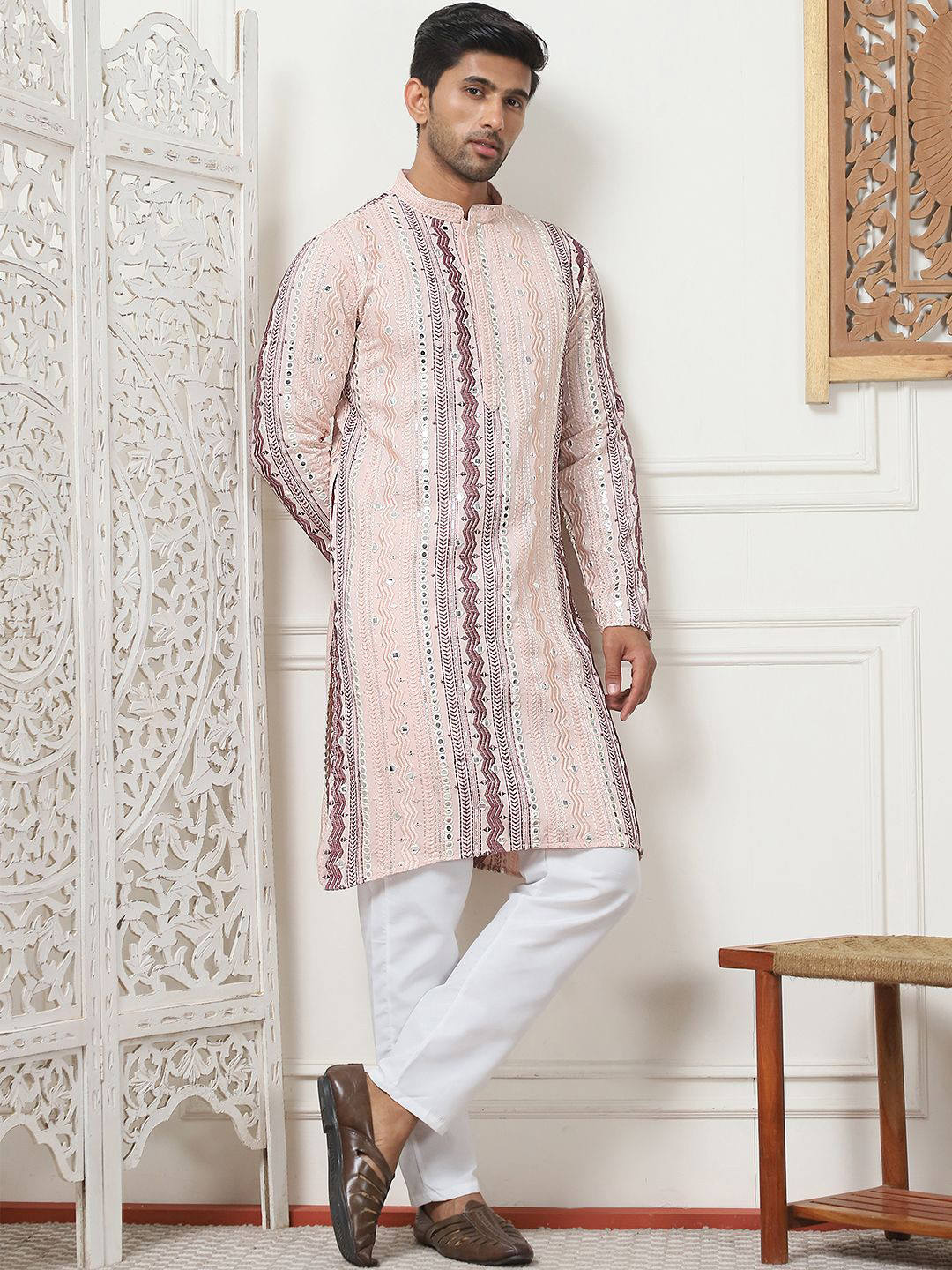 

Anouk Embroidered Regular Mirror Work Kurta with Pyjamas, Pink