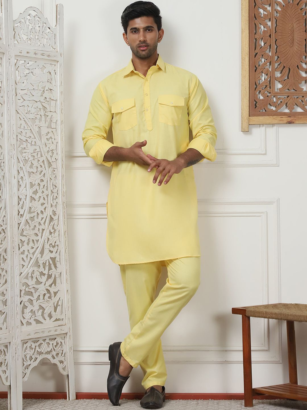 

Anouk Yellow Shirt Collar Pathani Kurta with Pyjamas